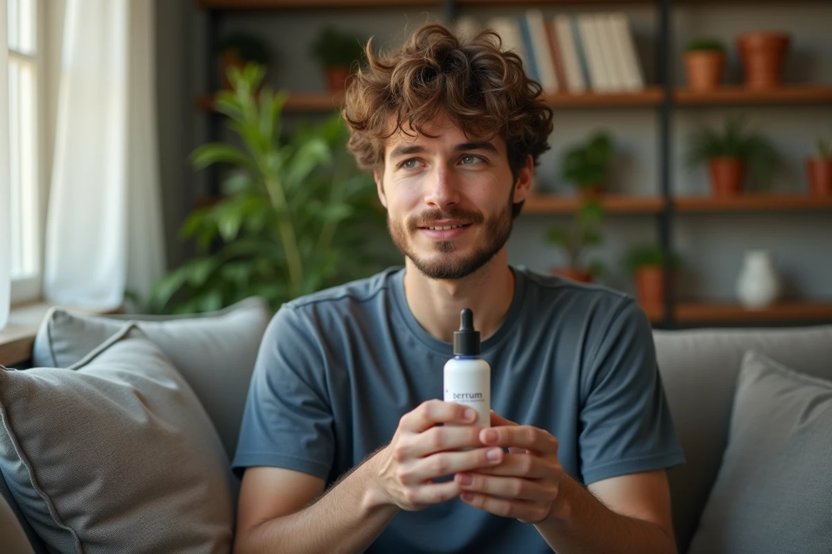 Jeune homme examinant un serum visage dans un salon lumineux
