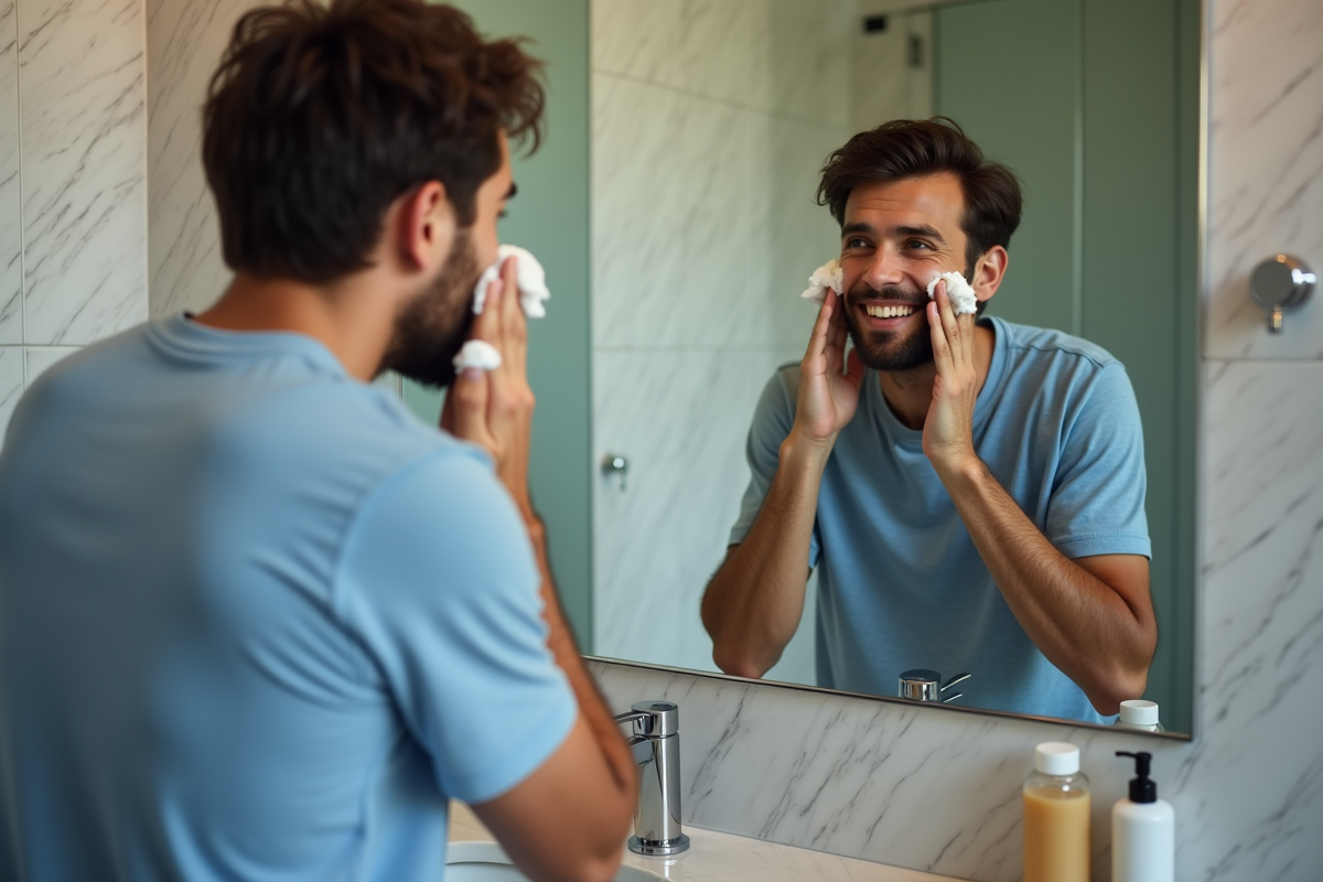 Jeune homme se massant le visage devant le miroir