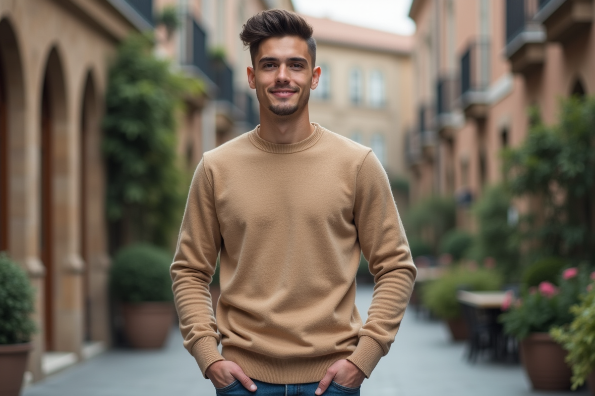 Jeune homme avec coupe couronne dans une place urbaine animée