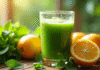 Verre de jus vert entouré de légumes verts et agrumes sur une table en bois
