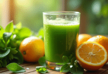 Verre de jus vert entouré de légumes verts et agrumes sur une table en bois