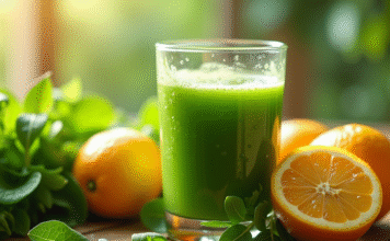 Raffermir la peau : quel jus choisir ? Les bienfaits révélés ! Verre de jus vert entouré de légumes verts et agrumes sur une table en bois