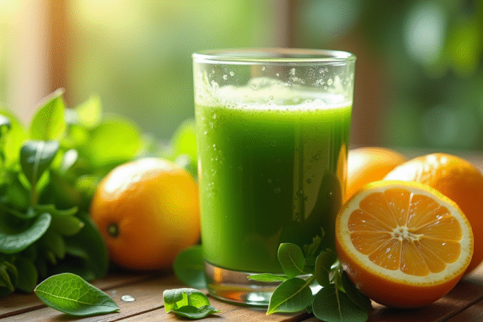 Verre de jus vert entouré de légumes verts et agrumes sur une table en bois