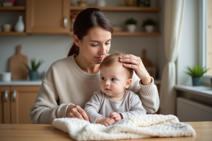 Jeune maman sèche les cheveux de son bébé à la maison