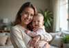 Maman souriante avec son bébé dans un salon lumineux