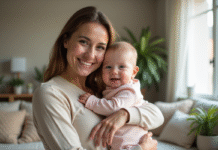 Maman souriante avec son bébé dans un salon lumineux