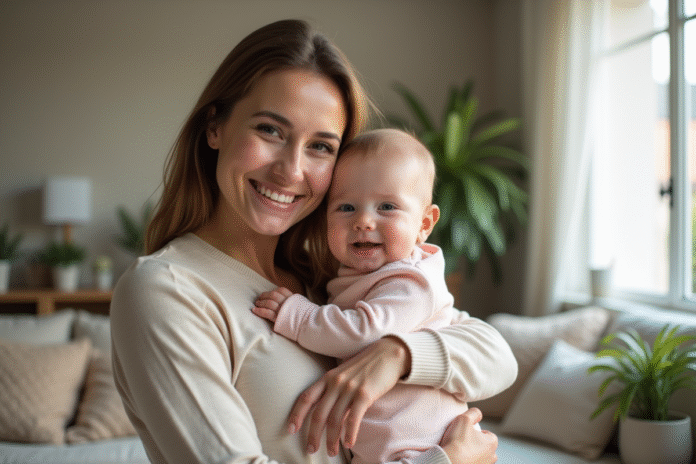 maman-bebe-souriante-douceur Maman souriante avec son bébé dans un salon lumineux