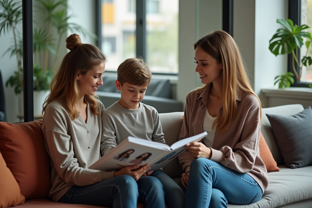 Mère et fils regardant un livre de coiffure avec la coiffeuse