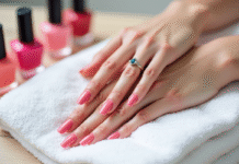 Zoom sur mains manucurées avec ongles en gel parfaits