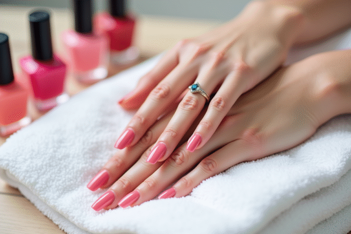 Zoom sur mains manucurées avec ongles en gel parfaits