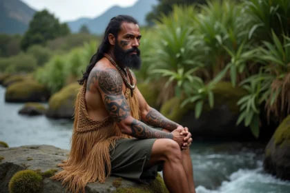 Homme maori avec tatouages traditionnels en pleine nature