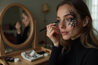 Jeune femme à la peau claire appliquant un maquillage araignée avec un pinceau fin devant un miroir de coiffeuse