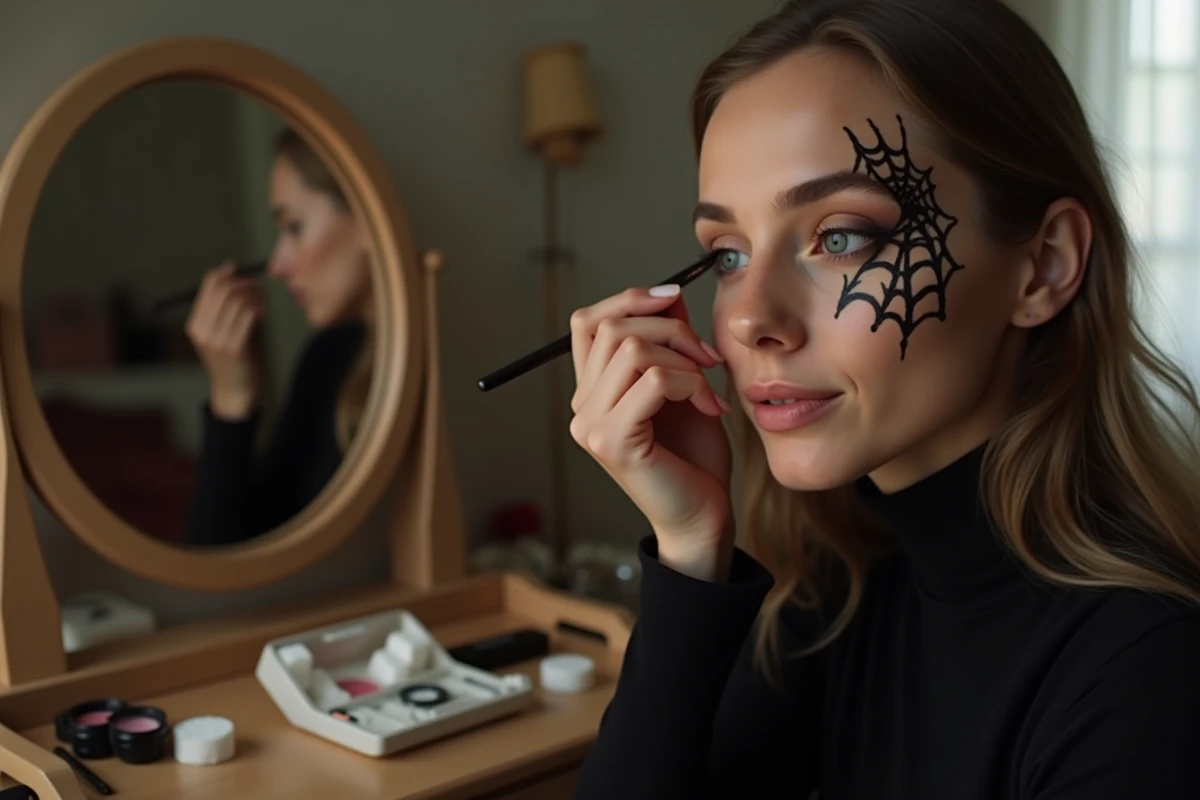 Jeune femme à la peau claire appliquant un maquillage araignée avec un pinceau fin devant un miroir de coiffeuse