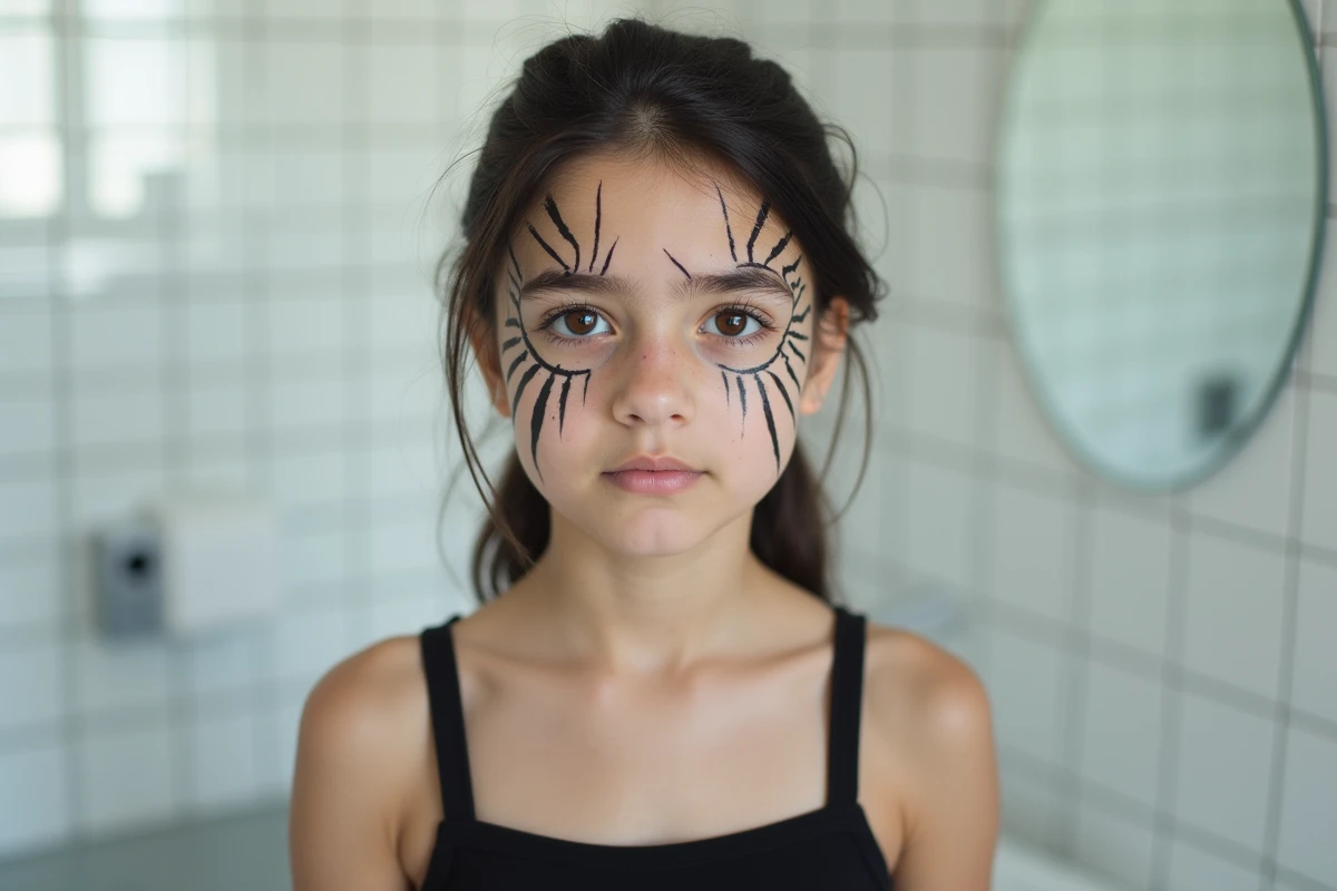 Adolescente à la peau claire avec un maquillage araignée complet, toile noire finement dessinée sur la joue