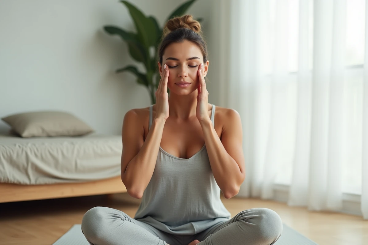 Femme pratiquant un massage des poches sous les yeux avec les doigts dans une chambre lumineuse