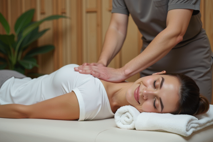 Femme détendue recevant un massage dans un spa moderne