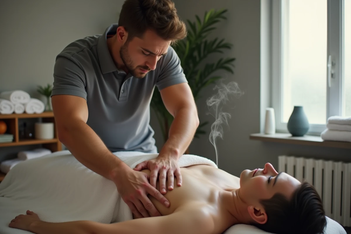Thérapeute appliquant une technique de massage des tissus profonds sur les épaules d'un client à Toulouse