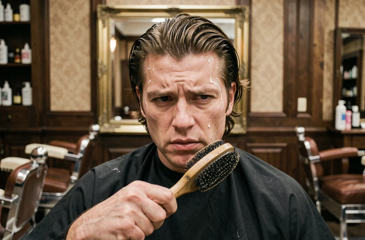Homme appliquant mal la cire pour slick back dans un salon de coiffure avec résultat inégal visible sur les cheveux