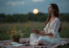 Rituel pleine lune : comment réussir cérémonie ésotérique ? Femme méditant en plein air avec lune et fleurs sauvages
