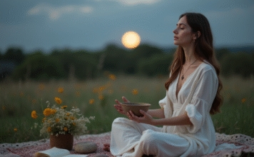Rituel pleine lune : comment réussir cérémonie ésotérique ? Femme méditant en plein air avec lune et fleurs sauvages