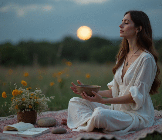 Rituel pleine lune : comment réussir cérémonie ésotérique ? Femme méditant en plein air avec lune et fleurs sauvages