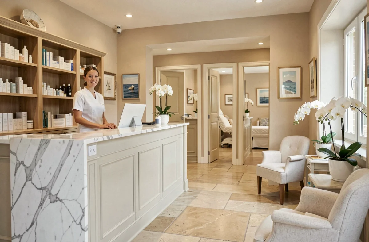 Intérieur élégant d'un institut de beauté dans les Pays de la Loire avec une esthéticienne en uniforme blanc à l'accueil