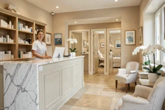 Intérieur élégant d'un institut de beauté dans les Pays de la Loire avec une esthéticienne en uniforme blanc à l'accueil
