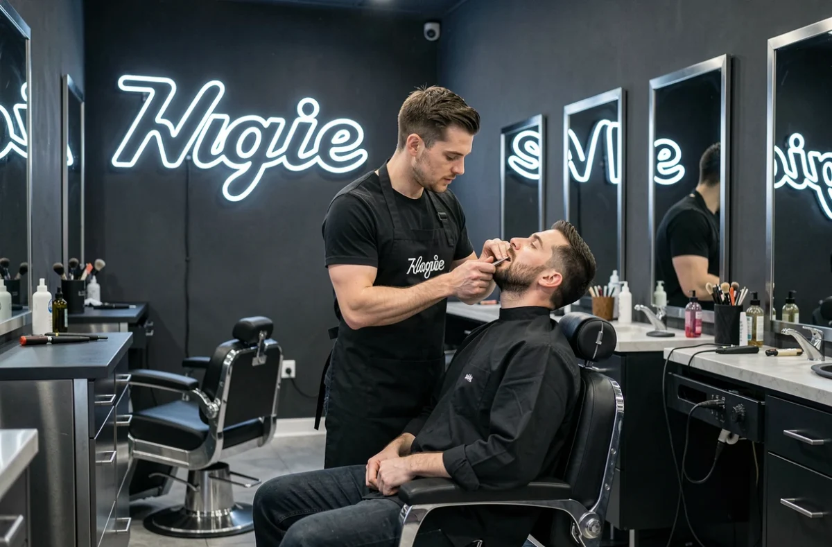 Barbier en tablier noir taillant la barbe d'un client dans un salon moderne de la franchise Mister Coup Coup MCC Barbershops