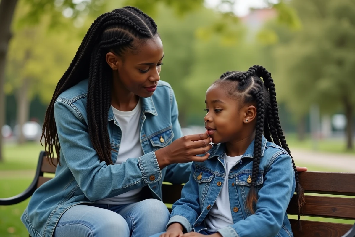 Mère et fille noires regardant leurs braids dans un parc urbain