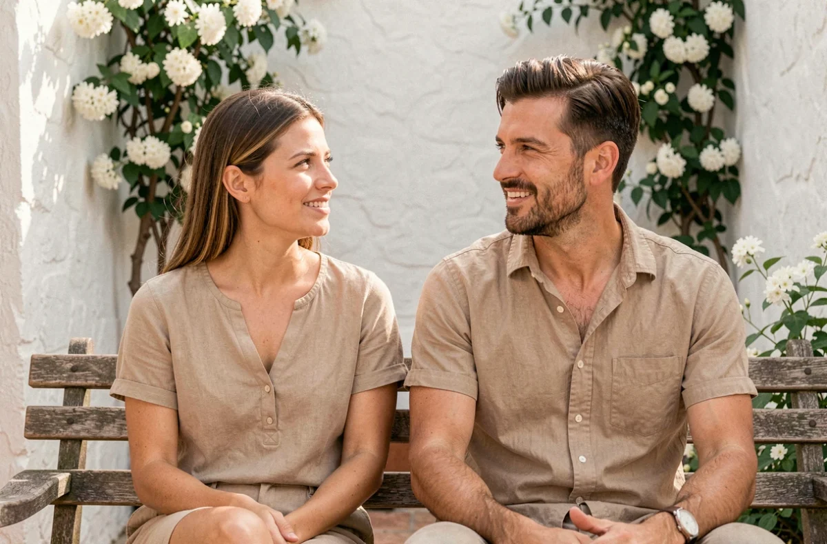 Comparaison de deux profils présentant un nez grec chez un homme et une femme dans une cour méditerranéenne