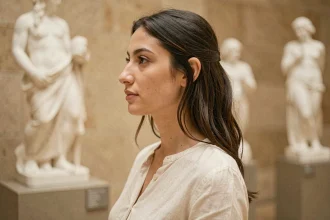 Profil de face d'une jeune femme méditerranéenne illustrant le nez grec avec une arête droite et continue