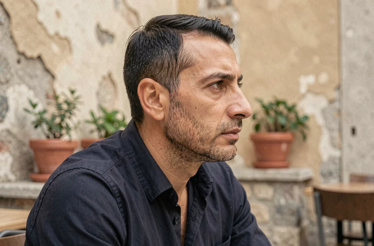 Homme de profil strict montrant les caractéristiques typiques du nez grec avec une arête nasale droite et allongée