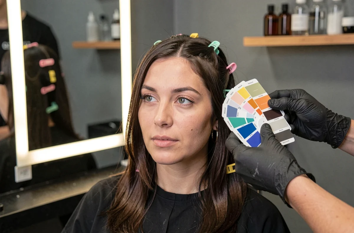 Cliente en salon de coiffure avec un nuancier de tons naturels comparé à sa couleur de cheveux naturelle pour choisir la bonne hauteur de ton