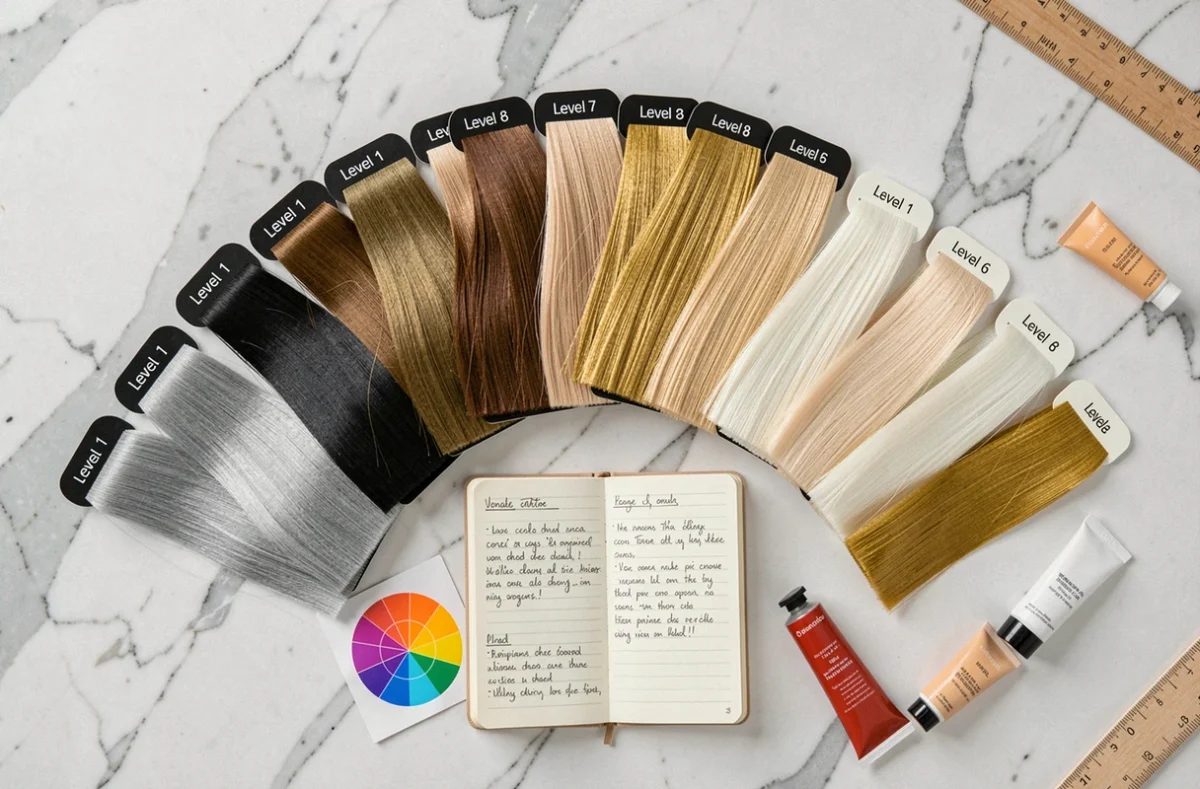 Vue aérienne d'un nuancier professionnel de coiffure présentant tous les niveaux de hauteur de ton du noir au blond très clair sur marbre blanc