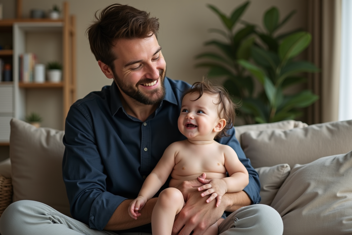 Père joue avec sa fille mouillée dans le salon