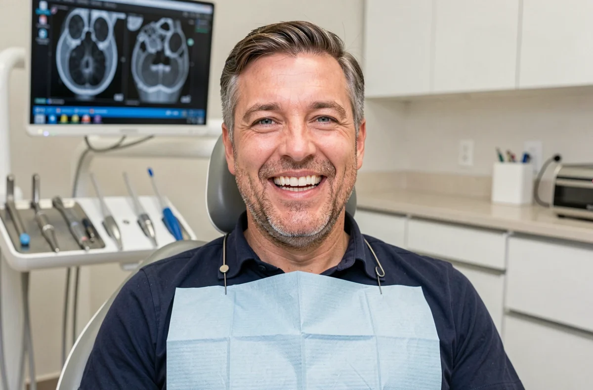 Patient homme souriant dans un fauteuil dentaire après traitement orthodontique chez The Smilist
