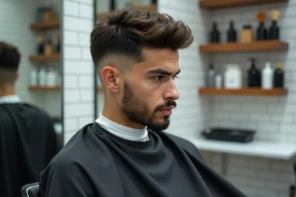 Jeune homme aux cheveux courts avec une permanente garçon moderne réalisée dans un salon de coiffure contemporain