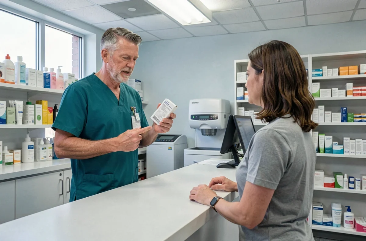 Pharmacien conseillant une cliente sur les avis et l'efficacité d'une crème anti-rides en pharmacie