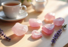 Pierres de quartz rose et ayst sur table en bois
