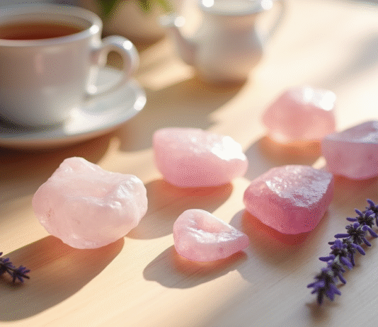Pierres de quartz rose et ayst sur table en bois