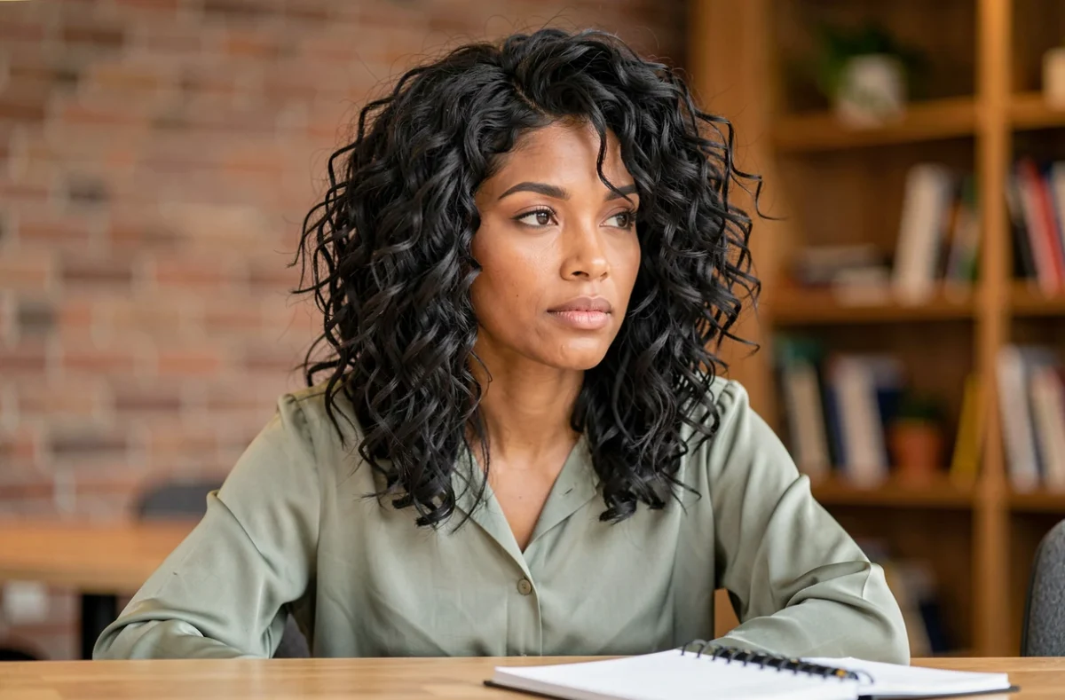 Portrait rapproché d'une femme aux cheveux noirs coupe shaggy bouclée en blouse verte dans un espace coworking