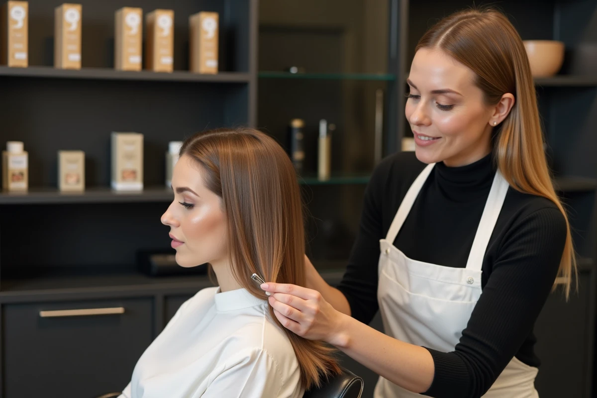 Coiffeuse experte appliquant des extensions kératine sur une cliente dans un salon de coiffure professionnel