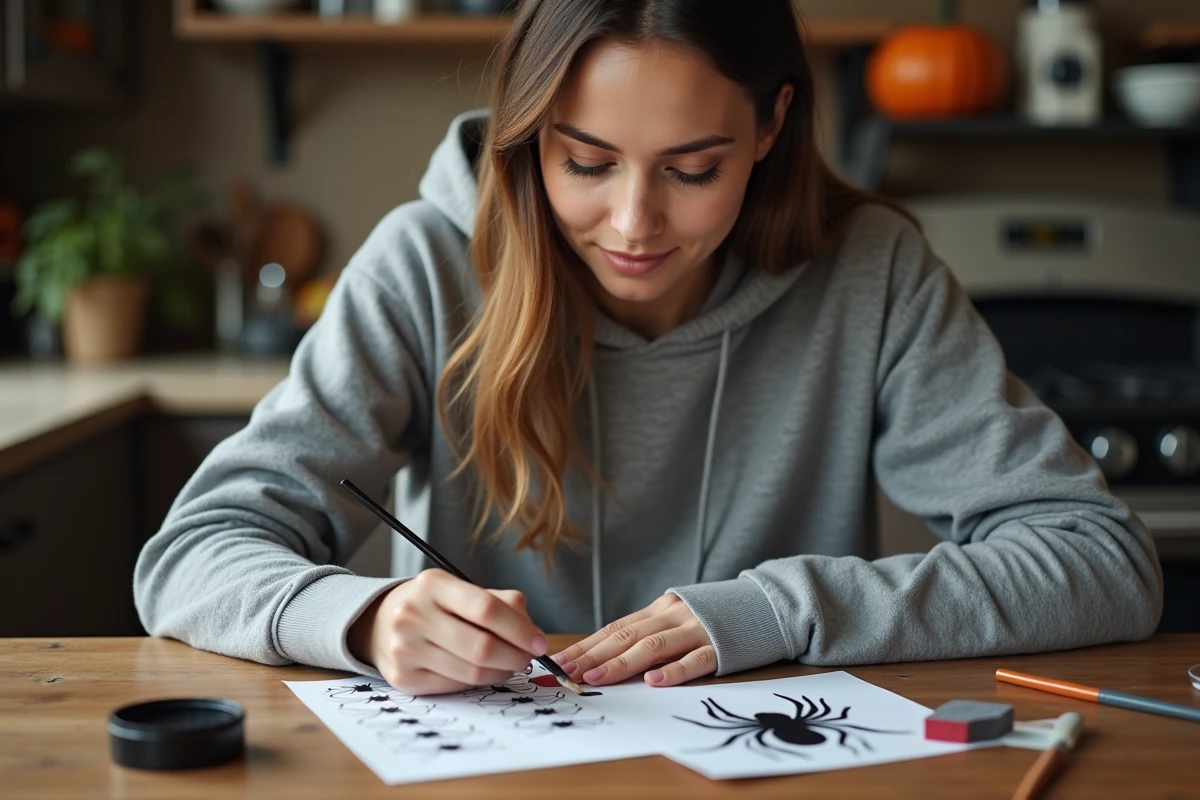 Femme organisant ses outils de maquillage araignée sur une table en bois, vue de trois quarts avec pinceaux et peinture noire