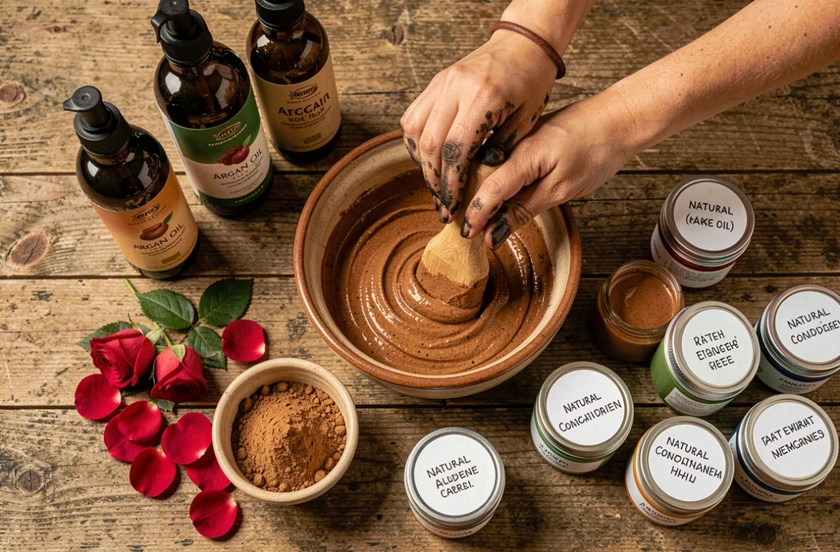 Produits capillaires bio pour cheveux noirs avec henné naturel, huile d'argan et poudre de henné dans un bol en céramique