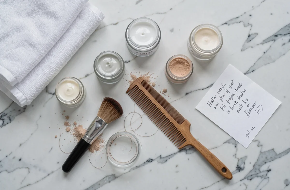 Produits gel en poudre pour cheveux disposés sur marbre blanc avec accessoires de coiffure