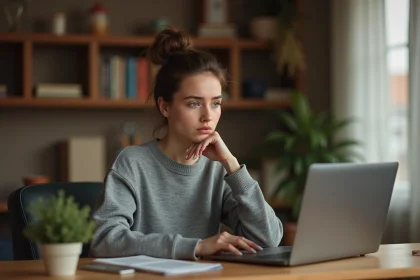Jeune femme inquiète devant son ordinateur portable dans un bureau à domicile, illustrant la protection des contenus personnels sur les réseaux sociaux