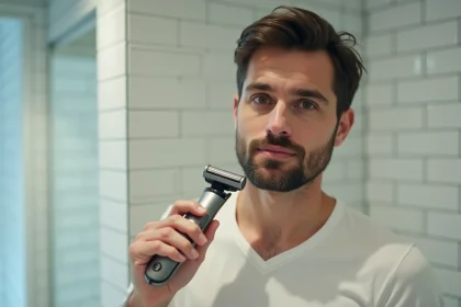 Homme utilisant un rasoir électrique Gillette dans une salle de bain moderne avec carrelage blanc