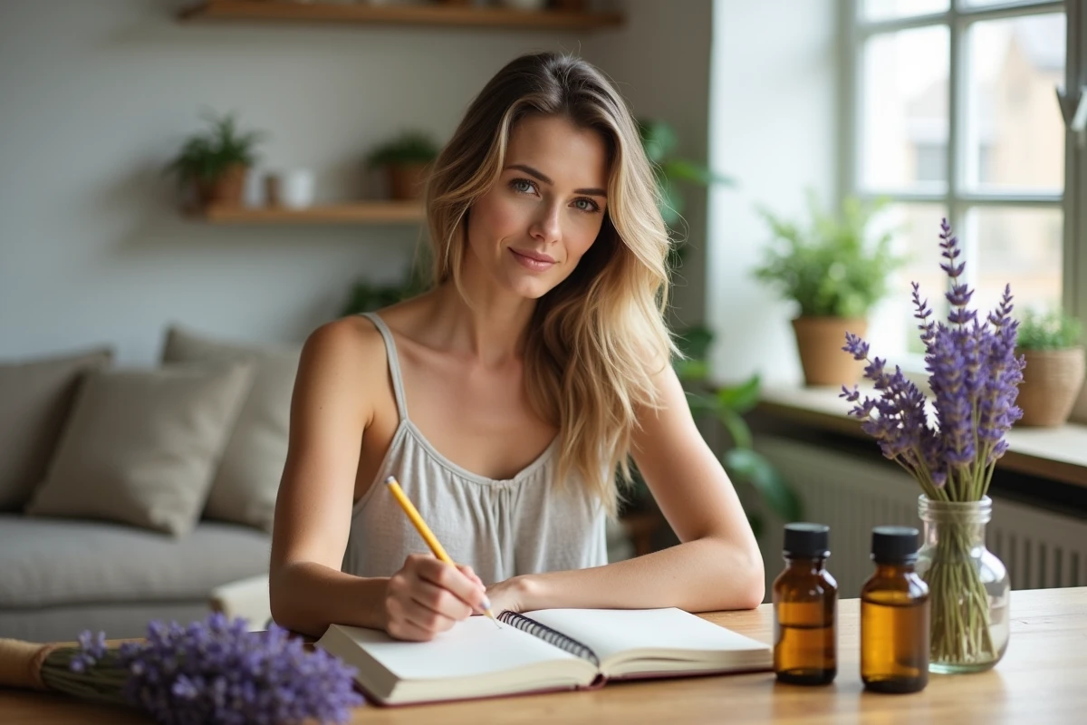 Jeune femme prenant des notes sur des recettes naturelles avec huiles et plantes séchées sur une table en bois