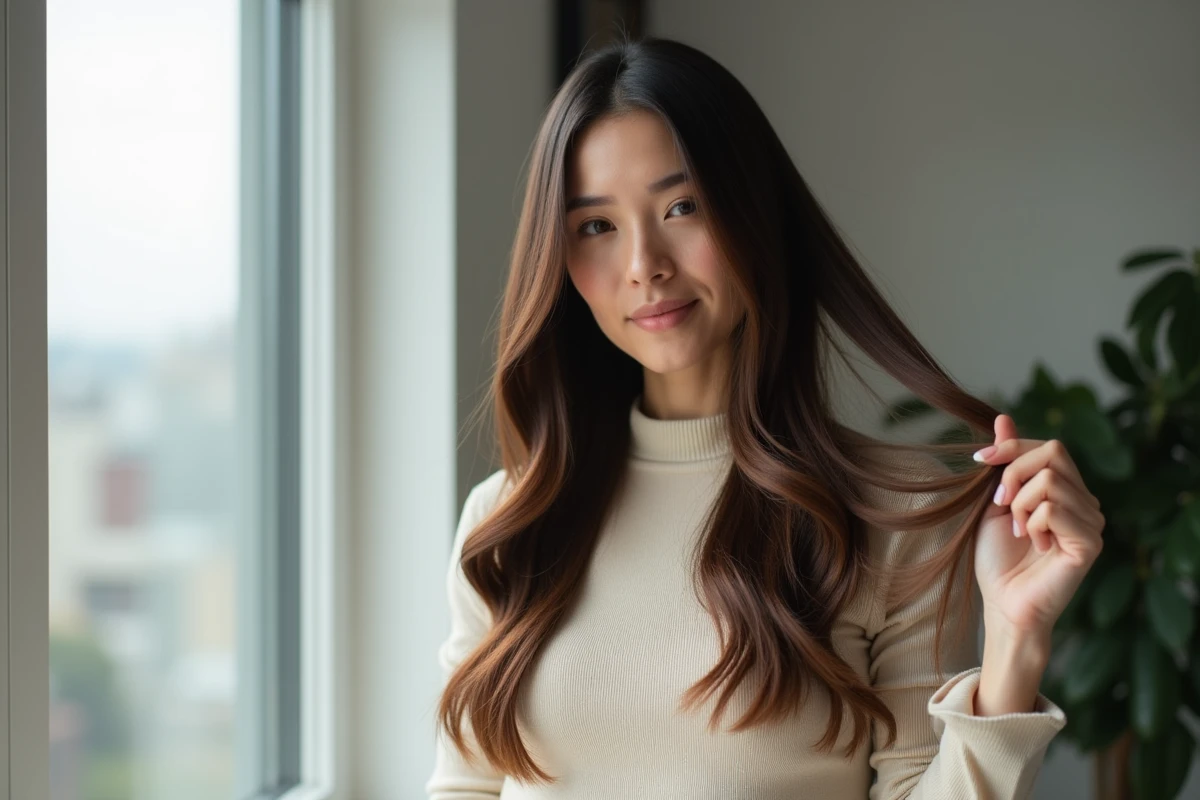 Femme montrant ses extensions de cheveux à ruban posées avec un résultat naturel et volumineux après transformation