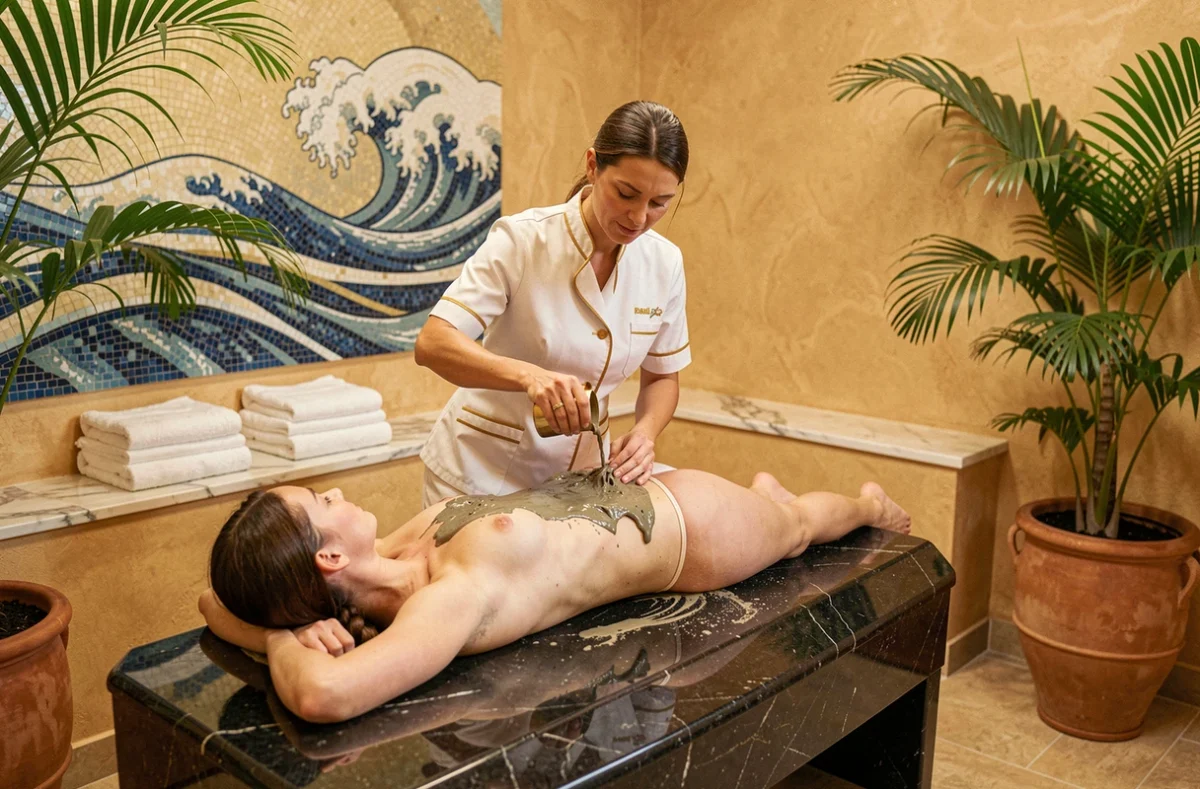 Thérapeute appliquant de la boue marine sur le dos d'une cliente au Rivage Thalasso et Spa à La Baule